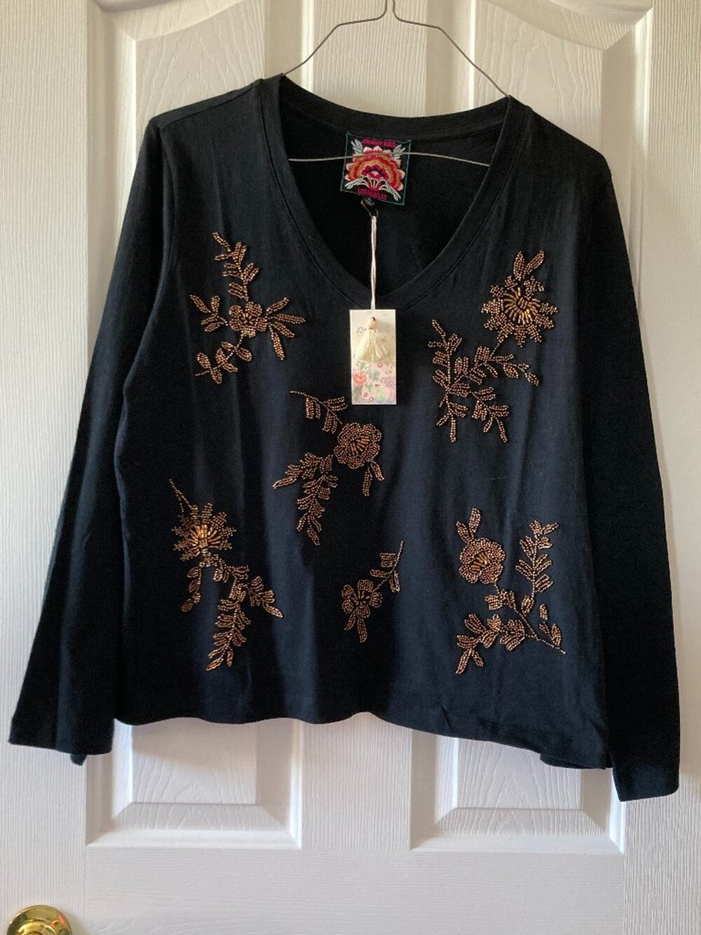 Johnny Was Femke Beaded Kimono Sleeve Tee Black Size LP-NWT